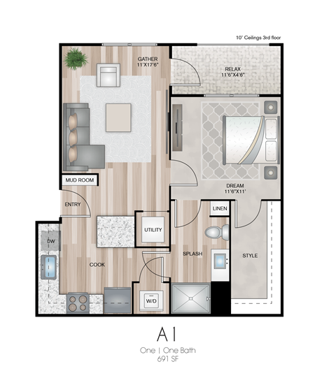 Floor plan for 1 bed, 1 bath, 691 sqft